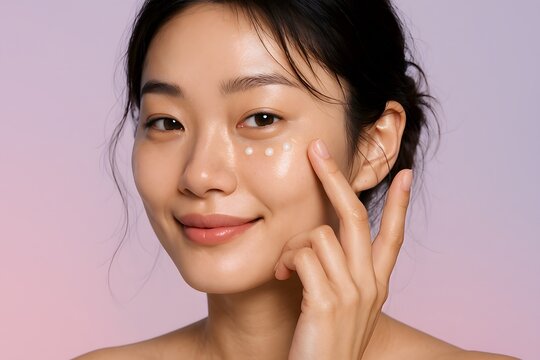 Asian woman applying eye cream for skincare routine and facial treatment for youthful glowing skin