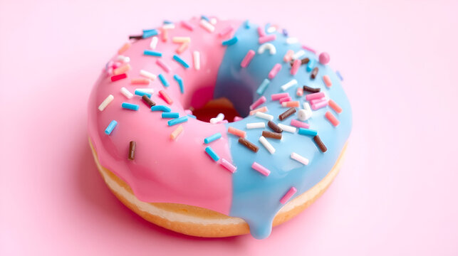 Pink and blue donut with sprinkles on a pink background - Powered by Adobe