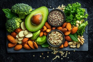 Flat lay of nuts, seeds, and fresh vegetables