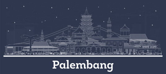 Fototapeta premium Outline Palembang Indonesia City Skyline with white Buildings. Illustration. Business Travel and Tourism Concept with Historic Architecture. Palembang Cityscape with Landmarks.