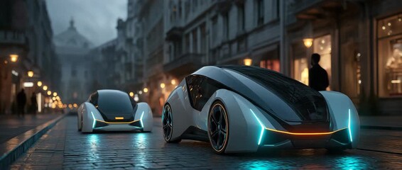 Sleek, futuristic cars on a metropolitan street - Powered by Adobe