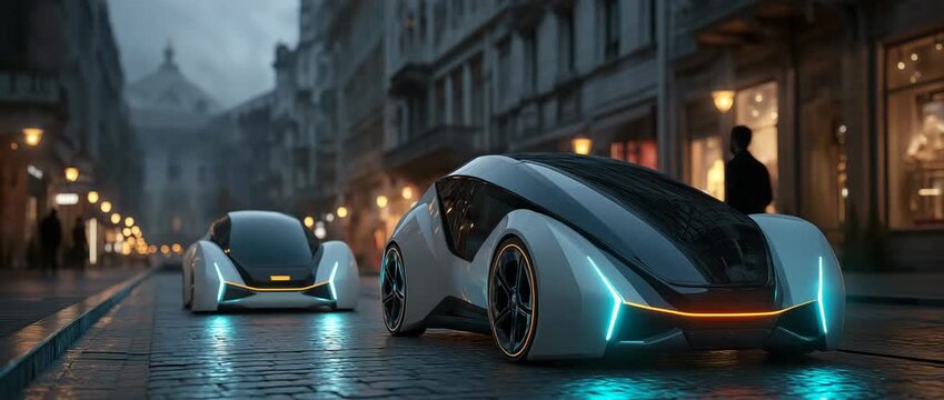 Sleek, futuristic cars on a metropolitan street - Powered by Adobe