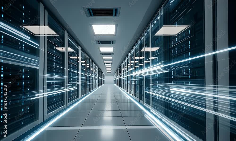 Poster a long corridor of a data center with light streaks and digital lines flowing across the ceiling, re