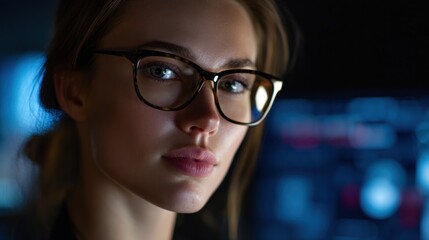 Focused young woman in glasses working in a dark high-tech environment with glowing data screens in the background, representing intelligence, cybersecurity, and modern digital professions