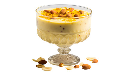 Dessert in glass bowl topped with nuts and orange zest bits