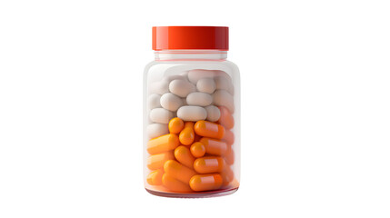 Plastic bottle filled with white and orange pills isolated