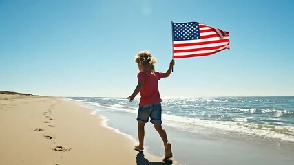 Joyful Child Running on Beach with American Flag - USA Independence Day Celebration on July 4th - Powered by Adobe