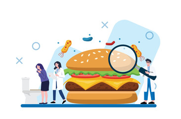 Food Poisoning Sick Woman, Burger, Scientists with Magnifying Glass