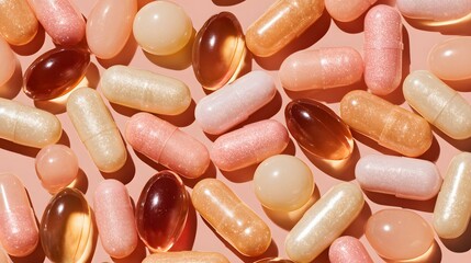 Assorted capsules in various pastel shades on a pale pink surface.