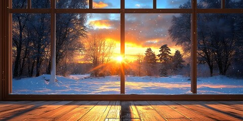 Sunrise through a window overlooking a snowy yard