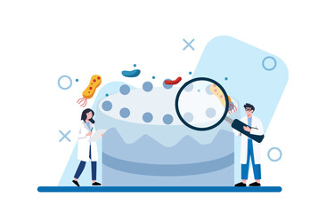 Scientist Investigating Virus with Magnifying Glass in Minimalist Style