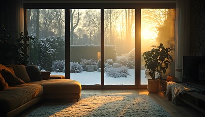 Large glass door opening to a winter backyard
