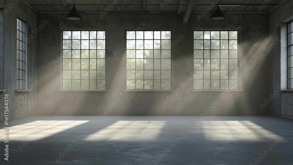 Poster empty industrial loft with large window sunlight beam creating calm spacious atmosphere and bright o