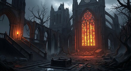 Abandoned Gothic Cathedral With Fiery Stained Glass Window