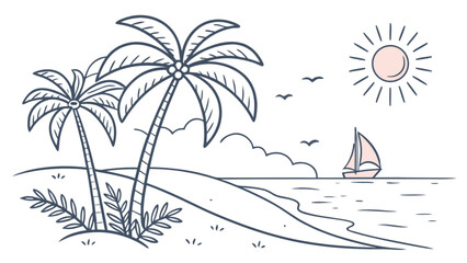 A serene tropical beach scene with palm trees and a sailboat on the ocean, perfect for a summer vacation getaway