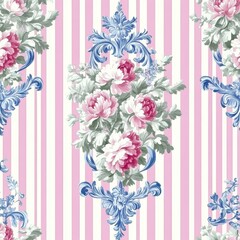 Pink Floral Country Style Striped Seamless Pattern Tileable Print with English Countryside pattern