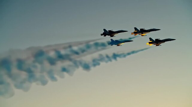 Aerial Display of Aircraft: Four fighter jets soar across the sky, their synchronized movements leaving trails of colored smoke, showcasing the pinnacle of aerial skill and precision.