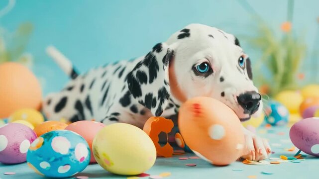 Dalmatian puppy with blue eyes lying among colorful Easter eggs on light blue background creating joyful festive spring dog atmosphere