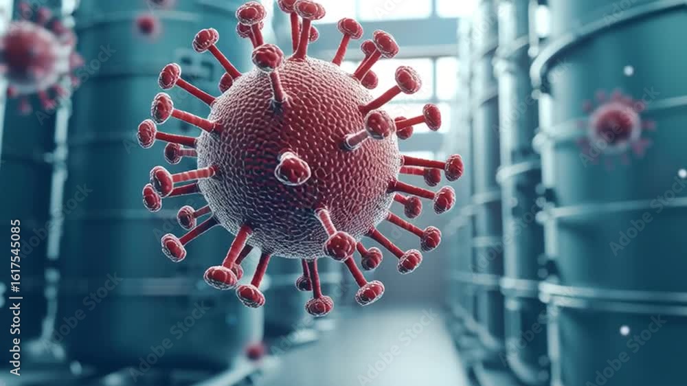 Poster red virus particle with spike protein structure floating blue industrial background microscopic view