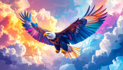 Obraz premium Colorful eagle soaring through vibrant clouds with symmetrical wings spread wide, creating stunning abstract scene full of energy and dynamic motion in sky