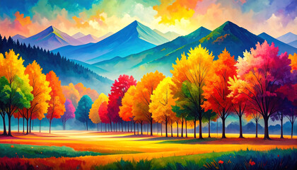 Autumn forest with colorful trees in vibrant red, orange, yellow, and green shades under bright sky with blue mountains in background, creating lively and warm landscape
