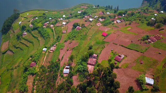 Aerial orbit reveals a patchwork of terraced farmland, scattered tin-roofed homes, and cultivated green plots descending toward the shore of Lake Bunyonyi in southwestern Uganda.