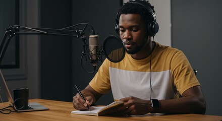 Man recording podcast in home studio