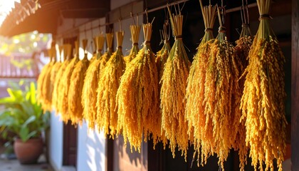 Golden rice bundles drying outdoors