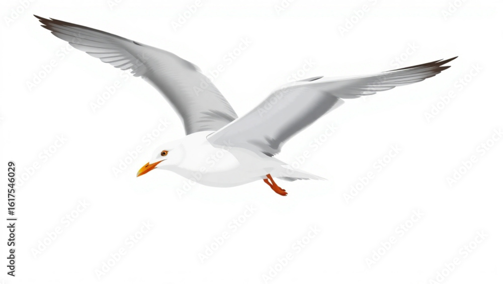 Poster a seagull with white feathers and grey wings is soaring through the air against a white background c
