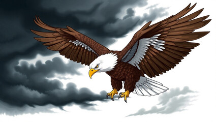 Obraz premium A majestic bald eagle soars with wings spread against a backdrop of stormy, dramatic clouds in the sky created with generated ai
