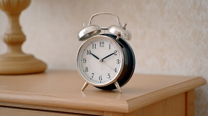 Naklejka premium Grind and rise, A vintage silver alarm clock sits on a wooden surface, reflecting a calm interior setting, emphasizing the passage of time.
