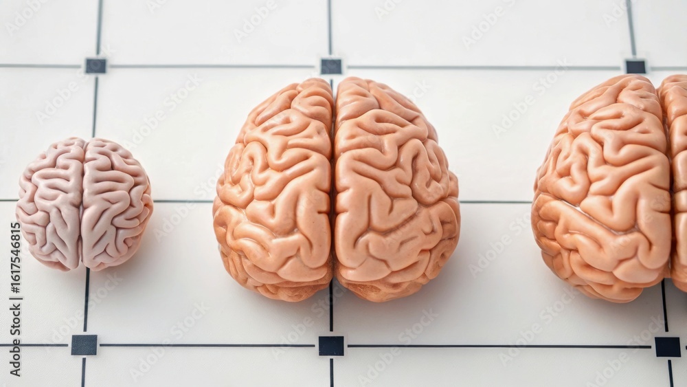 Poster three brain models of varying sizes arranged on a grid background, showcasing human anatomy and neur