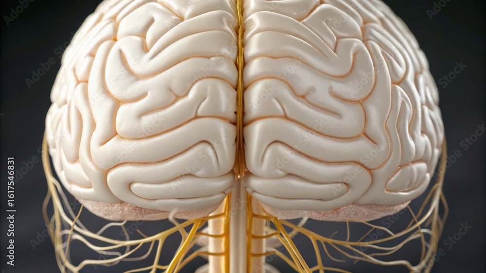 Poster this image depicts a detailed view of a human brain model with intricate nerves and structures, show