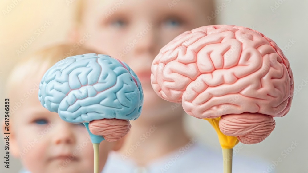 Poster conceptual image showing two brains in different colors, symbolizing cognitive functions, with a chi