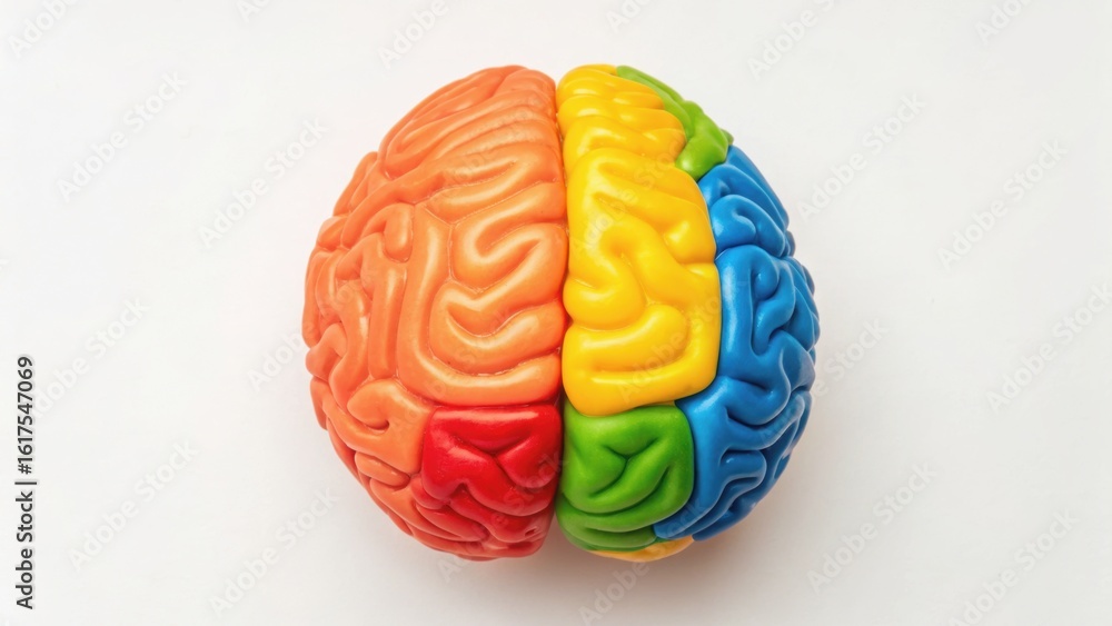 Poster a colorful model of a brain divided into sections, showcasing different colors that represent variou