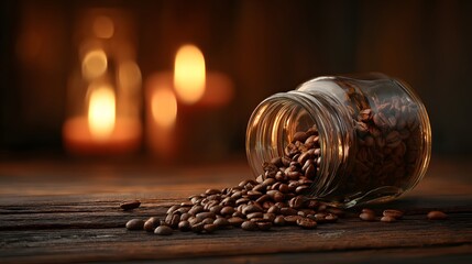 Coffee beans spilled from a glass jar on a rustic wooden table.