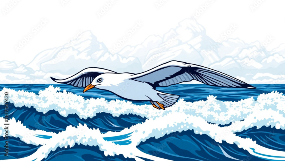 Poster a seagull flying over the ocean with waves and clouds in the background on a bright sunny day scene 