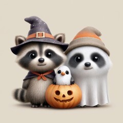 Obraz premium Cute raccoon and panda celebrate Halloween with pumpkin and bird in costume