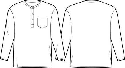 Men's long sleeve henley t-shirt flat sketch illustration, with button placket, chest pocket, versatile casual top, comfortable everyday wear, fashion design template, autumn collection.
