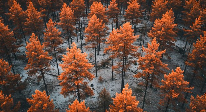 Aerial view of autumn forest with orange foliage and light snow landscape beautiful nature scenery