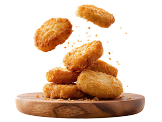Crispy golden-brown chicken nuggets, stacked high on a wooden board, some in mid-air, with crumbs falling around them