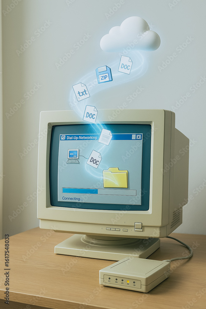 Poster digital data journey: a retro computer setup symbolizes the cloud-based transfer of digital informat