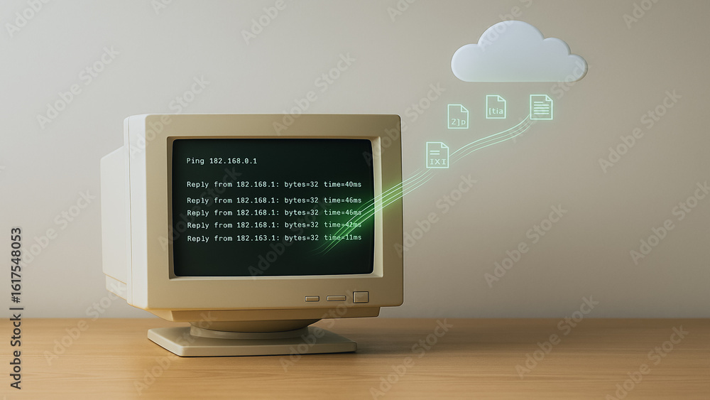 Poster cloud connectivity: an old monitor connected to a cloud-based data storage system, symbolizing digit