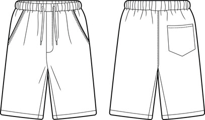 Unisex casual shorts flat sketch illustration, elasticated waistband, drawstring detail, side pockets, back patch pocket, comfortable everyday wear, versatile fashion design template, summer apparel.