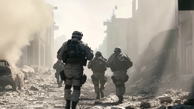 Elite National Defense Forces in Action: Tactical Advance Through War-Torn City Streets Amidst Smoke and Debris | Realistic Military Combat Scene in 4K