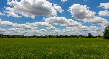 Expansive green field under a bright blue sky filled with fluffy white clouds, creating a peaceful rural landscape ideal for nature, farming, summer, or environmental themes.
