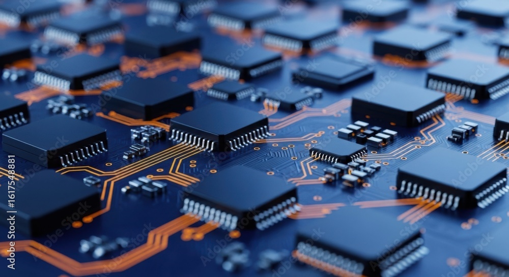 Poster close up of a complex computer circuit board displaying integrated microchips and components