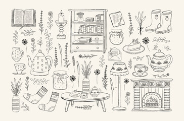 Big collection of hand drawn cottagecore doodles with cozy home elements, fireplace, tea, books, socks, flowers, rustic decor. Black and white vintage line art set for cards, stickers.
