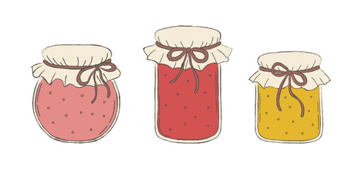 Hand drawn vintage jam jars. Cute cottagecore strawberry, raspberry, apricot, orange confiture, preserve. Vector illustration for kitchen design, stickers, cards, cottage decor.