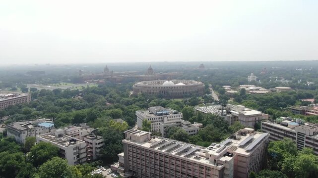 4k Aerial Drone footage of  Parliament house Rashtrapati Bhawan central vista kartavya path in New Delhi India